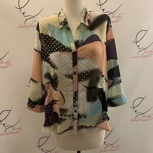 LIOR PARIS. Size Large. Semi Sheer Chiffon Button Up Shirt. Band Flounce B26